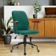 Green velvet home office chair with wooden armrests, featuring 360° swivel and ergonomic support for versatile use.