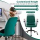 Green velvet home office chair with wooden armrests, customizable height, and 360° swivel for versatile use.