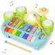 Colorful 3-in-1 electronic piano xylophone drum set with removable drumsticks, designed for kids over 10 months.