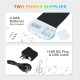 Close-up of the 49-key roll-up piano's power supply options: 4 AAA battery compartment and 110V DC plug with USB cable.