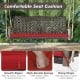 Rattan hanging porch swing chair with red cushion, featuring acacia wood armrests and sturdy steel frame for outdoor.