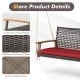 Curved acacia wood armrests and red cushion detail of the 2-person rattan hanging porch swing chair for outdoor.