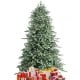 8 feet hinged artificial Christmas spruce tree with mixed PE and PVC tips, surrounded by colorful wrapped gifts.