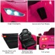 Bright pink 12V kids ride-on car featuring double doors with safety lock, spacious seat with safety belt, and bright.