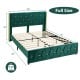 Full size upholstered platform bed frame with adjustable headboard, green fabric, sturdy steel, and under-bed storage.