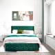 Queen/Full size upholstered platform bed frame with adjustable headboard in green, featuring gold tufted trim and.