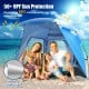 Easy pop-up beach tent in blue with UPF 50+ sun protection, spacious for 3-4 people, ideal for summer outings.