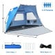 Easy pop-up beach tent in blue for 3-4 persons, featuring UPF 50+ protection, large front porch, and 360° ventilation.