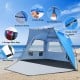 Easy pop-up beach tent in blue with UPF 50+ protection, spacious for 3-4 people, featuring large mesh windows and.