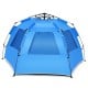 Blue Easy Pop Up Beach Tent for 3-4 persons, featuring UPF 50+ protection, large porch, and 3 mesh windows for.