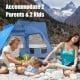 Easy pop-up beach tent in blue, accommodating 2 adults and 2 kids, with UPF 50+ sun protection and spacious front porch.