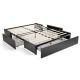 Full-size upholstered platform bed frame with three storage drawers, sturdy metal structure, and noiseless movement.