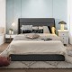 Upholstered full-size platform bed frame with three storage drawers in a stylish bedroom setting for organized living.