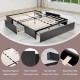 Upholstered platform bed frame with three storage drawers, sturdy metal structure, and non-slip pads for floor.