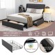 Upholstered full-size bed frame with three storage drawers, featuring smooth casters and a sturdy metal structure for.