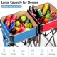 Folding camping tables in blue and red with large storage sinks, ideal for picnics and outdoor activities, holding up.