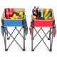 Folding camping tables in blue and red with large storage sinks, ideal for outdoor picnics and activities.
