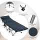Folding camping cot with removable velvet mattress, sturdy steel frame, and compact carry bag for outdoor relaxation.