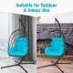 Hanging folding egg chair with turquoise cushion, durable steel frame, suitable for indoor and outdoor use.