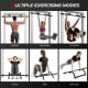 Multi-Grip Doorway Pull Up Bar with foam grips, showcasing various exercises like pull-ups, dips, and sit-ups for home.