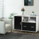 Lateral mobile file storage cabinet in white and black with open spaces, drawers, and wheels for easy mobility in any.