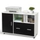 Lateral mobile file storage cabinet in white and black with open spaces, file drawer, and casters for easy mobility.