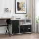 Lateral mobile file storage cabinet in black and white with open spaces, file drawer, and wheels for easy mobility.