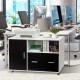 Lateral mobile file storage cabinet in white and black with open spaces, drawers, and wheels for easy mobility in.