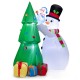 Inflatable 6-foot Christmas snowman and tree decoration set with LED lights, featuring colorful gift boxes for festive.