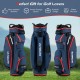 9.5-inch navy golf cart bag with 14-way dividers, 8 pockets, and portable design for organized club storage.