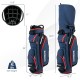 Navy 9.5-inch golf cart bag with 14-way dividers, 8 pockets, and insulated cooler pocket for organized storage.
