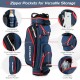 Navy 9.5-inch golf cart bag with 14-way dividers and 8 zippered pockets for organized storage and convenience.