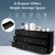 Freestanding 6-drawer dresser in black MDF with round metal knobs, ideal for bedroom storage and organization.