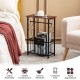 Narrow side table with brown MDF top and black steel frame, featuring a removable paper holder and storage basket.