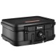 Fireproof waterproof safe box with lock and handle, 15.5 x 13 x 7 inches, ideal for securing valuables during travel.