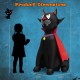 Black inflatable vampire cat with red cloak, 4.7 feet tall, featuring LED lights for Halloween yard decoration.