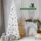 White 7-foot pre-lit hinged pencil Christmas tree with 300 LED lights, elegantly displayed in a festive setting.