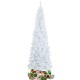 7-foot pre-lit white pencil Christmas tree with 300 LED lights and gifts underneath, perfect for festive winter decor.