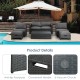 6-piece gray patio rattan furniture set with cushioned loveseat, armless sofas, ottomans, and coffee table for outdoor.