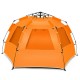 Orange Easy Pop Up Beach Tent with UPF 50+ protection, spacious for 3-4 people, featuring large mesh windows and front.