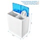 Portable semi-automatic twin tub washing machine with blue lid, featuring 18 lbs washing and 8 lbs spinning capacity.