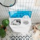 Top view of the portable semi-automatic twin tub washing machine with blue lid, showcasing dual tubs for washing and.