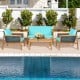 Close-up of the turquoise cushion on a patio chair from a 4-piece rattan furniture set, offering comfort and style for.