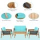 Turquoise padded cushions on a 4-piece patio rattan furniture set made of acacia wood, designed for outdoor comfort.