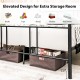Elevated black steel platform bed frame with high headboard, 13" clearance for under-bed storage and noise reduction.