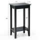 Black 2-tier nightstand with solid wood legs, featuring a tabletop and shelf for storage, ideal for bedroom use.