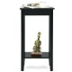 Black 2-tier nightstand with solid wood legs, featuring ample storage space for bedroom or living room use.