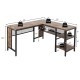 L-shaped corner computer desk in rustic brown with spacious tabletop and three storage shelves for home or office use.