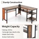 L-shaped corner computer desk in rustic brown with three shelves, sturdy steel frame, and large weight capacity for.