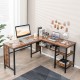 L-shaped industrial corner computer desk in rustic brown with storage shelves and adjustable foot pads for stability.